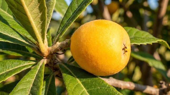Ripe Loquat Fruit on a Tree Branch with Green Leaves