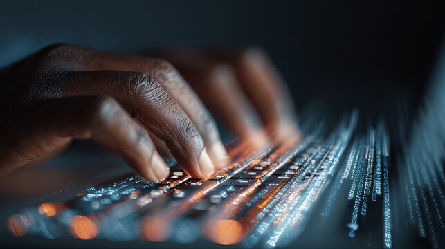 Close up shot of hands typing on a glowing laptop keyboard featuring bright digital data streams in dark office space