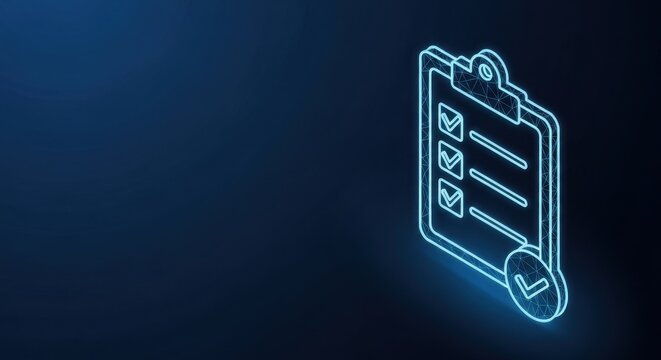Glowing Blue Neon Checklist Icon on Dark Cybernetic Background, Representing Business Tasks and Organization