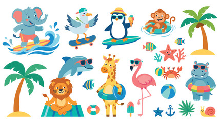 Cute animals enjoying summer vacation activities on beach.
