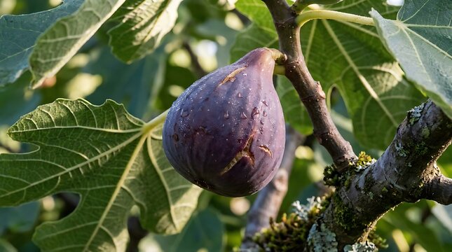 Ripe purple fig with water drops on a tree branch fruit