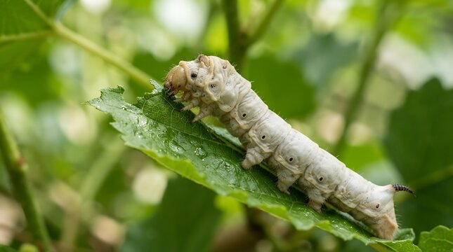 Silkworm feeding on mulberry leaf