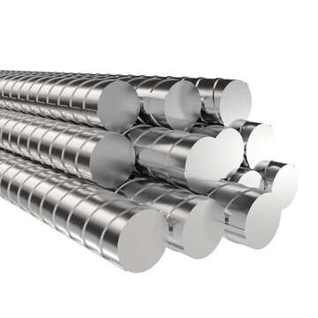 Steel rebar bundle construction material. 3D render of heavy metal rods for building reinforcement, engineering and manufacturing backgrounds