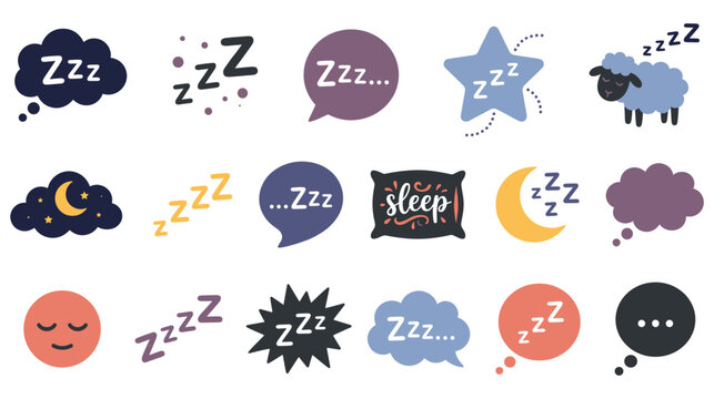 Colorful sleep icons with zzz text and sheep illustrations.