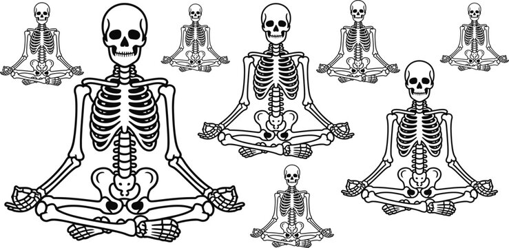 Skeleton meditating yoga pose, human anatomy bone mascot, funny cartoon character illustration, spooky seamless pattern texture for Halloween, funny health, medical symbol