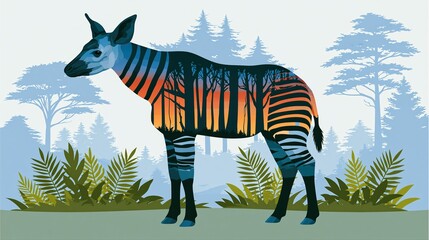 Naklejka premium Stylized illustration of an okapi with zebra patterns and forests inside its body silhouette