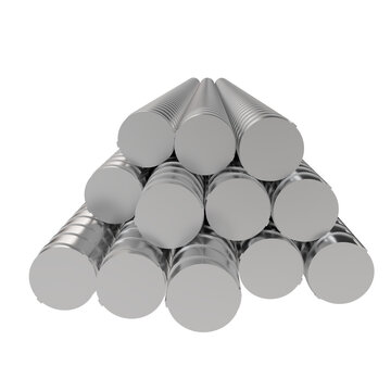 Steel rebar bundle construction material. 3D render of heavy metal rods for building reinforcement, engineering and manufacturing backgrounds