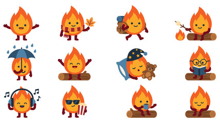 Obraz premium Fire character stickers set with cute camping activities.