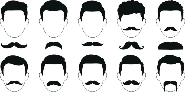 Black silhouette men's hairstyle and facial hair collection. Beards, moustaches, and cuts isolated on white background. Graphic design element set for barbershop branding and male grooming