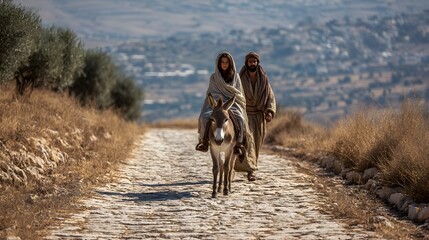 Fototapeta premium Mary and joseph traveling on a donkey along a stone path in a biblical landscape