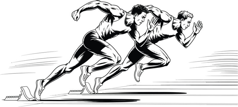 Sprint start action. Sprinters in starting blocks. Black and white vector illustration of males racing. Horizontal sports concept.