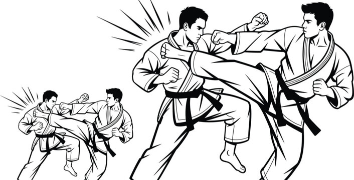 Karate fighting martial arts symbols, men punching and kicking techniques, karate competition set, illustration