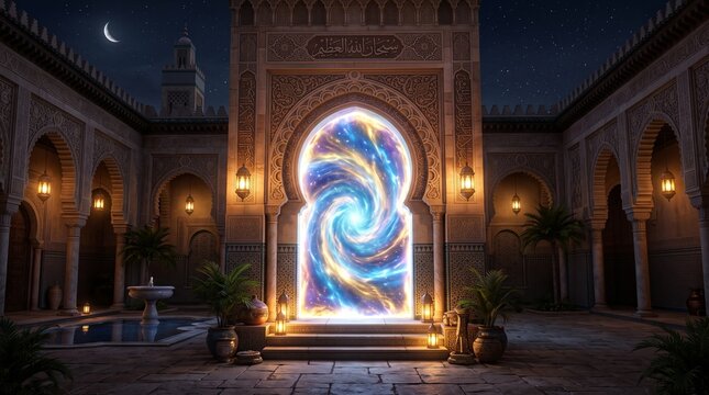 Fantasy archway with glowing swirl at night in courtyard