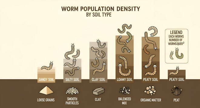 Soil science infographic detailing worm population density across different soil types for educational and environmental research use