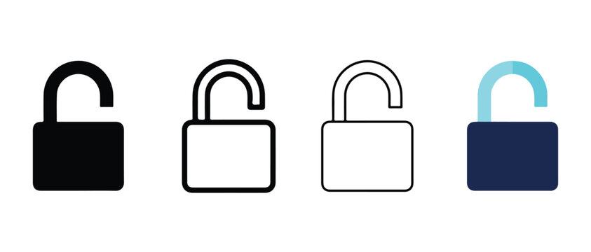lock icons with open shackles in various styles and colors isolated on transparent background