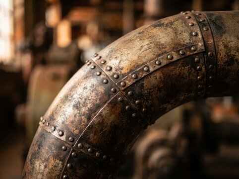 Closeup of an old industrial riveted metal pipe