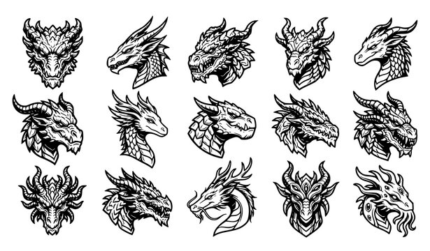 Majestic Black Mythical Dragon Head Silhouette Vector Collection