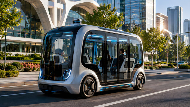 Modern autonomous driverless shuttle bus driving on a city street with passengers inside during a bright day in an urban environment with trees and buildings nearby