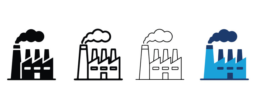 industrial factory icons with varying smoke emissions and color styles isolated on transparent background