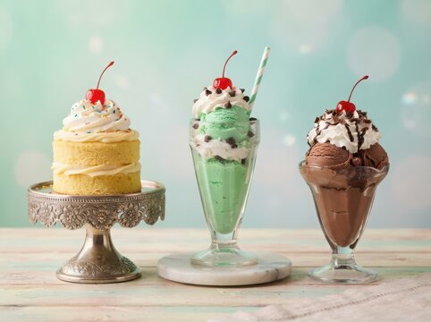 Dessert trio with cake, mint sundae, and chocolate sundae