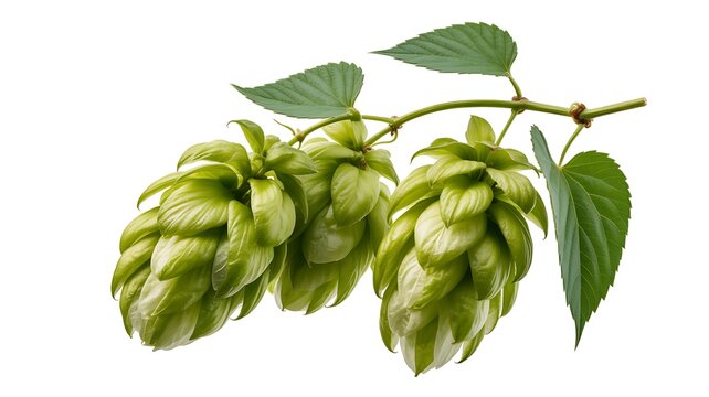 A cluster of fresh green hops cones, still attached to a leafy branch, is vibrantly displayed against a crisp white background, emphasizing their natural texture.