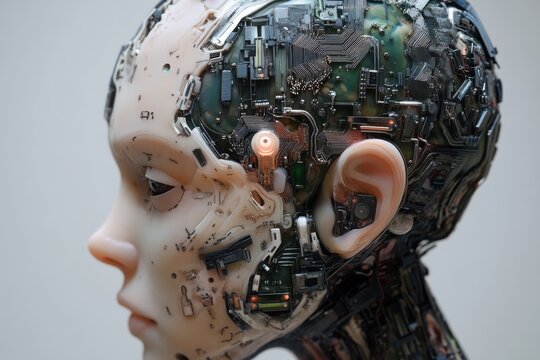 Human face profile covered with neural circuits and microchip electronic components