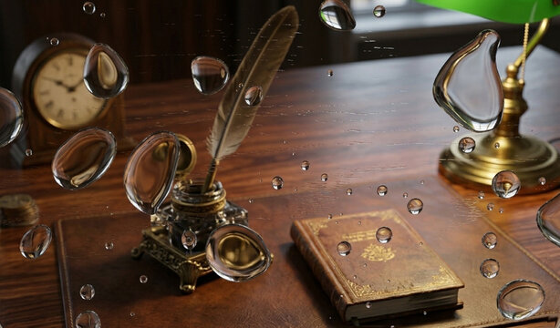Water droplets floating over vintage wooden desk with feather quill inkwell and book