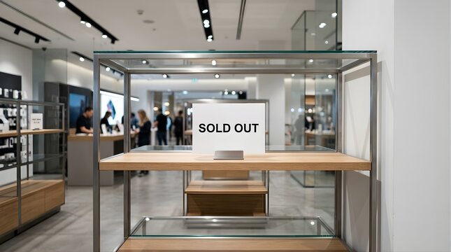 Sold out sign on empty wooden display shelf in modern retail store