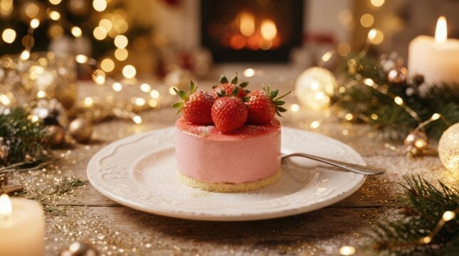 Pink strawberry mousse cake on a festive table
