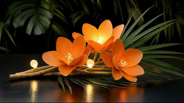 Decorative flowers and bamboo arrangement with soft lights on a dark surface
