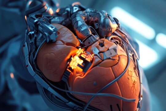 Robotic surgical arms performing precision heart surgery in operating room