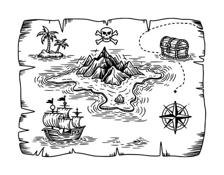 Hand-drawn vintage pirate treasure map featuring an island, a ship, a compass, and a treasure chest