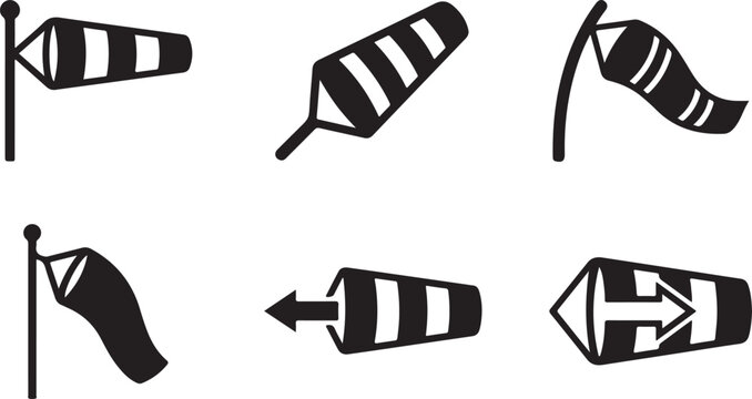 Wind sock icons set. Flat vector symbols for weather monitoring and wind direction.