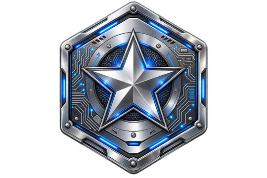 Futuristic Silver Star Medallion with Blue Neon Circuitry, Metallic Technology Emblem Isolated on Transparent Background
