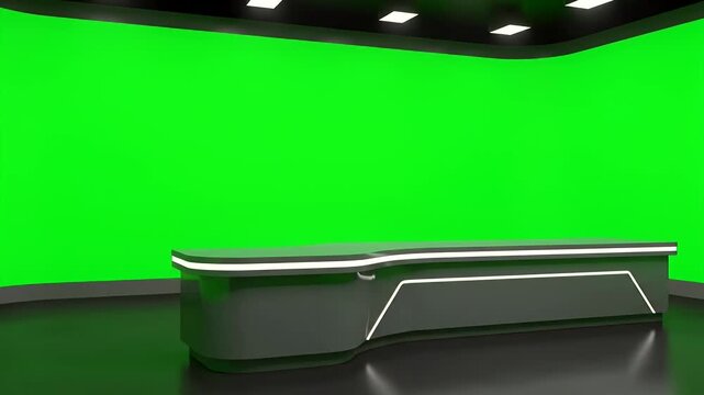 Modern virtual news studio with a green screen background and futuristic desk, ready for broadcast production.