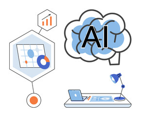 Fototapeta premium Artificial intelligence brain icon with data analytics charts and office workspace vector illustration. Machine learning, digital transformation, business intelligence, neural network, automation