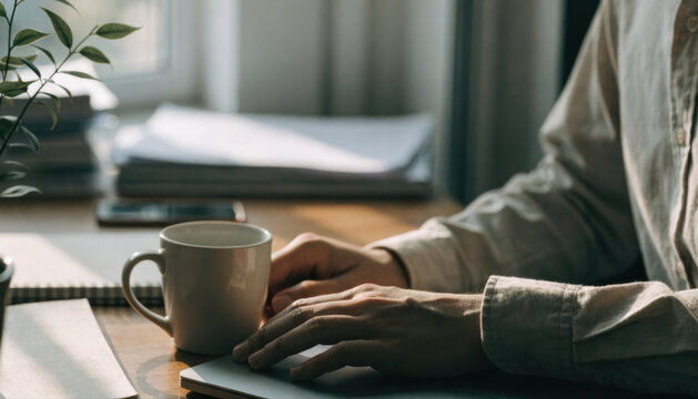 Man hand coffee mug desk workspace morning light calm adult male remote work home office laptop notebook smartphone window plant sunlight paper document