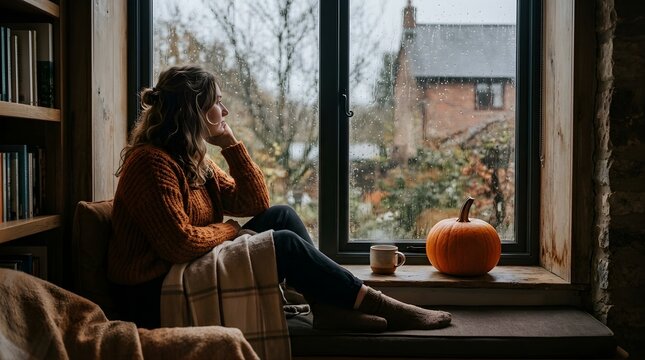Young woman looking out a rainy window with a pumpkin in autumn home