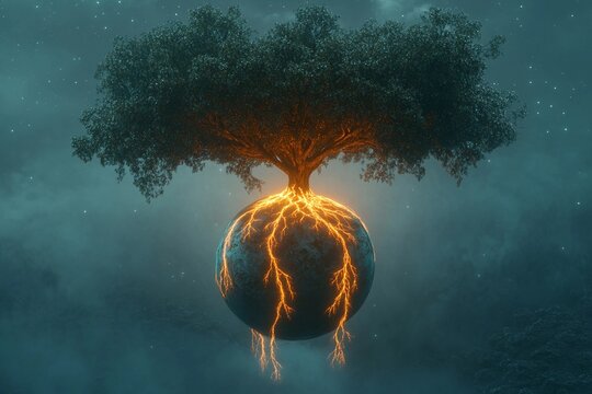 Floating tree nurtures the glowing planet with vibrant roots in cosmic space