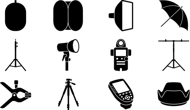 Studio Lighting Equipment Icon Set Vector Silhouette Collection for Photography Setup