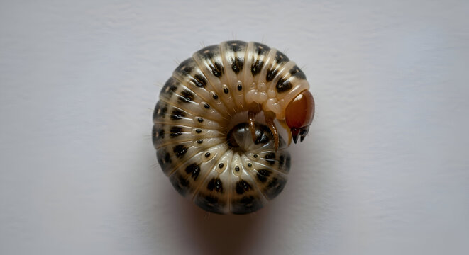 Detailed view of a curled grub insect, showcasing intricate patterns and textures, perfect for nature and biology projects
