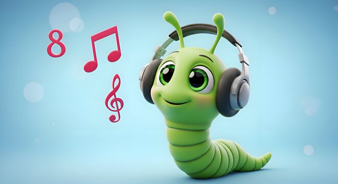 Cute cartoon caterpillar enjoying music with headphones, surrounded by musical notes, perfect for children's content and educational resources