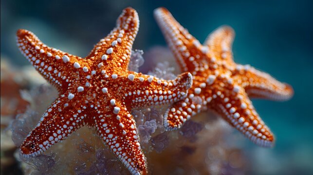 Vibrant orange starfish resting peacefully on textured coral reef surface captured with professional macro lens in deep blue ocean water