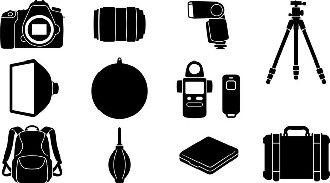 Photography Equipment Icon Set Vector Silhouette Collection for Camera Gear Studio