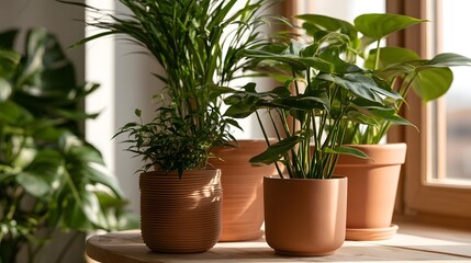 Fototapeta premium Terracotta pots with lush green plants arranged on a wooden surface near a bright window with soft natural light