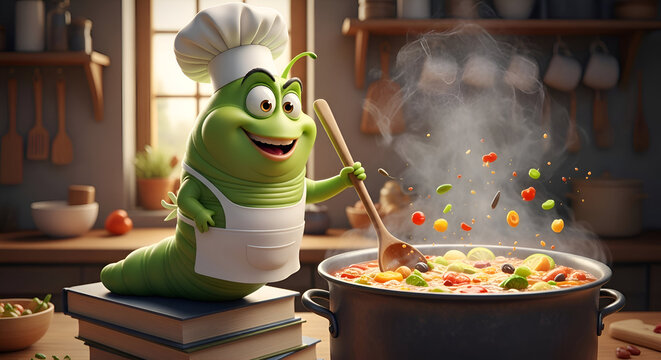 Happy chef worm stirring a delicious soup in a warm kitchen, ready to create a culinary masterpiece with fresh ingredients
