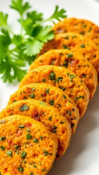 A close up view of several thick slices of savory orange vegetable patties garnished with parsley