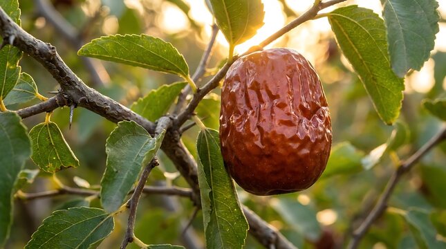 Single ripe jujube fruit hanging from a thorny branch at sunset