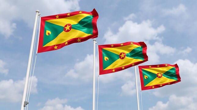 Three Grenada national flags waving on white poles against blue sky with white clouds outdoors