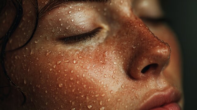 Close up portrait of woman with closed eyes and glowing sun kissed skin covered in fresh sparkling water droplets everywhere